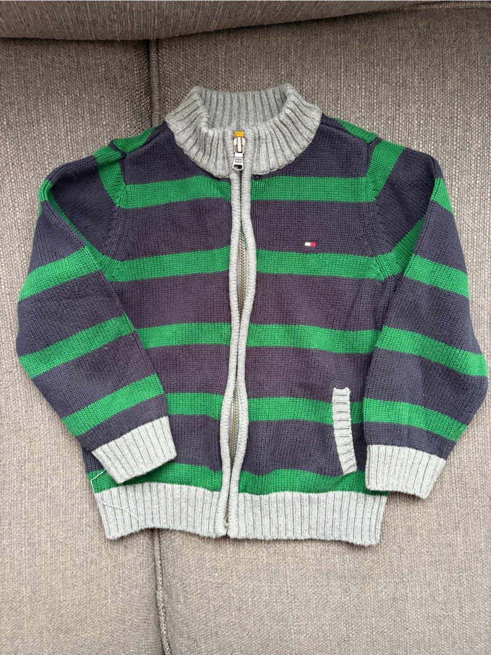 Tommy Hilfiger | Navy & Green Striped Zip-Up Kids Sweater | 2T